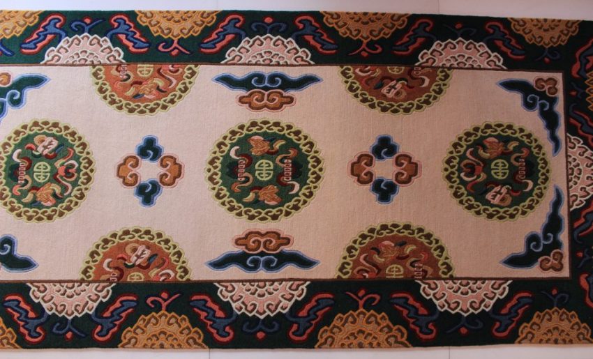Tibetan lotus carpet green pink and brown