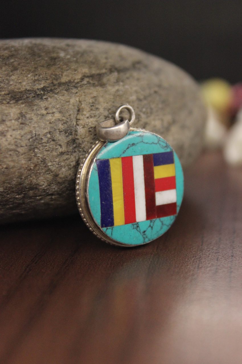 Buddhist Flag Turquoise Silver Pendant - New Years Gifts For Buddhist Friends