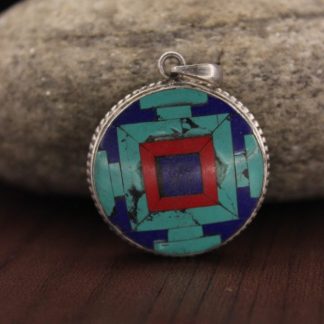 Turquoise Coral Lapis Silver Mandala Pendant