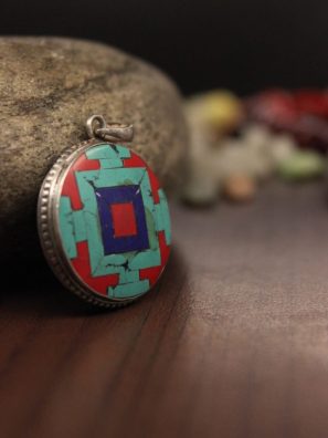 Turquoise Coral Lapis Silver Mandala Pendant